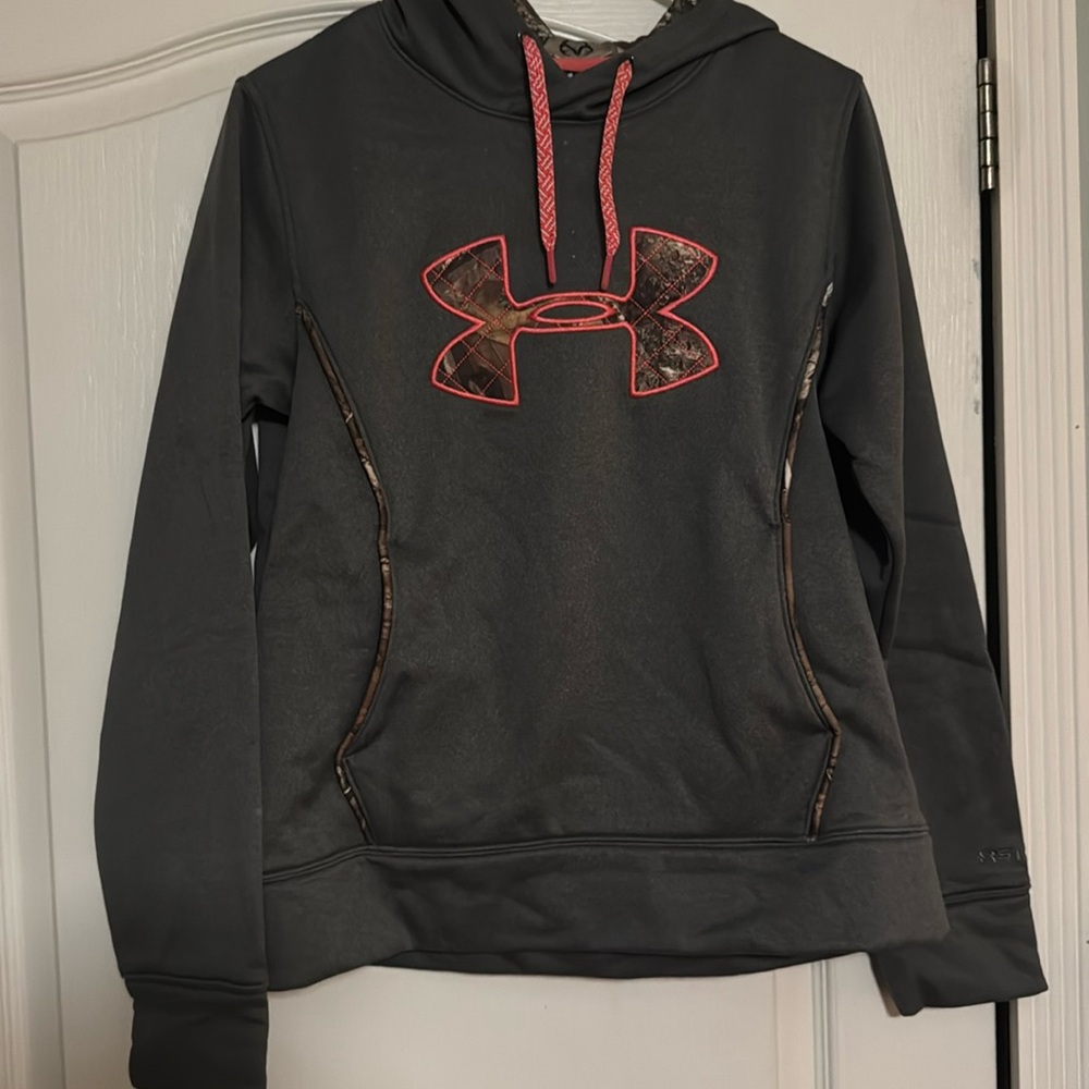 Under armour women’s hoodie, size M, grey, pink, and camo